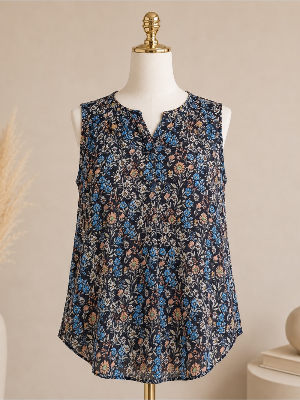 Cristina B Floral Sleeveless Blouse XL Navy Blue Peach Boho Top